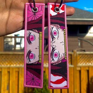 Anime Pink Fabric Keychain – Double-Sided Embroidered Strap Accessory